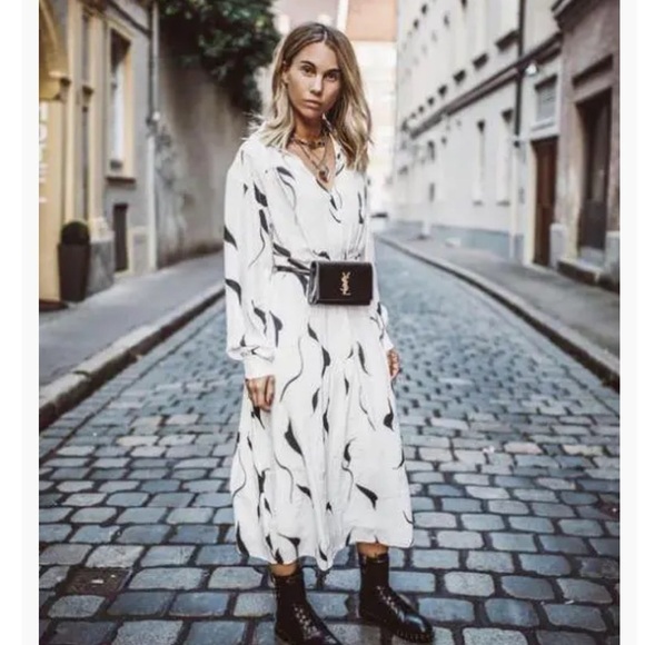 H&M Long Sleeve Peasant White Black Patterned Midi Dress Size 4 - Picture 2 of 10